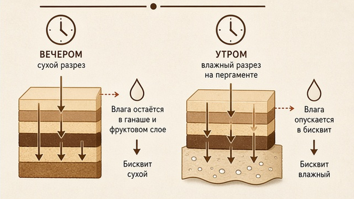Схема: почему влага уходит в нижний бисквит корпусного за ночь в холодильнике
