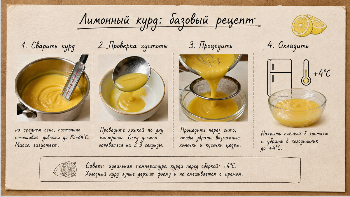 Схема: густой лимонный курд и охлаждение перед сборкой корпусного