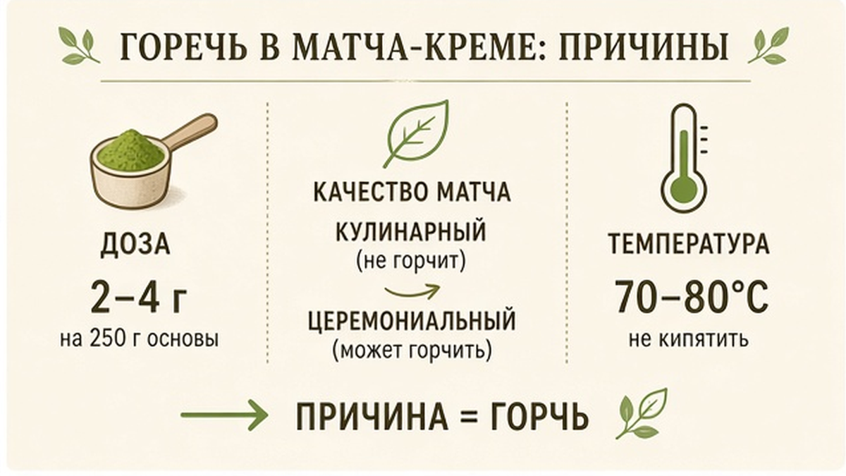 Схема: доза матчи, сорт и температура жидкости против горечи в креме